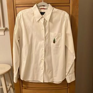 Liz Claiborne Lizsport white button down shirt with Christmas tree detail
